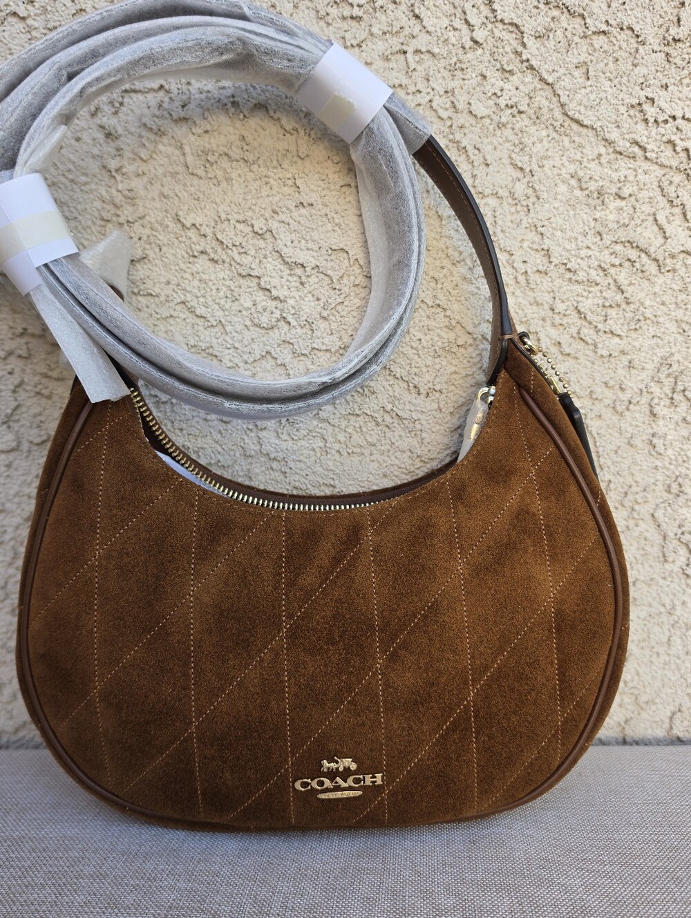 Coach Emily Suede Leather Shoulder Bag Handbag With Quilting Gold/Warm Brown NWT